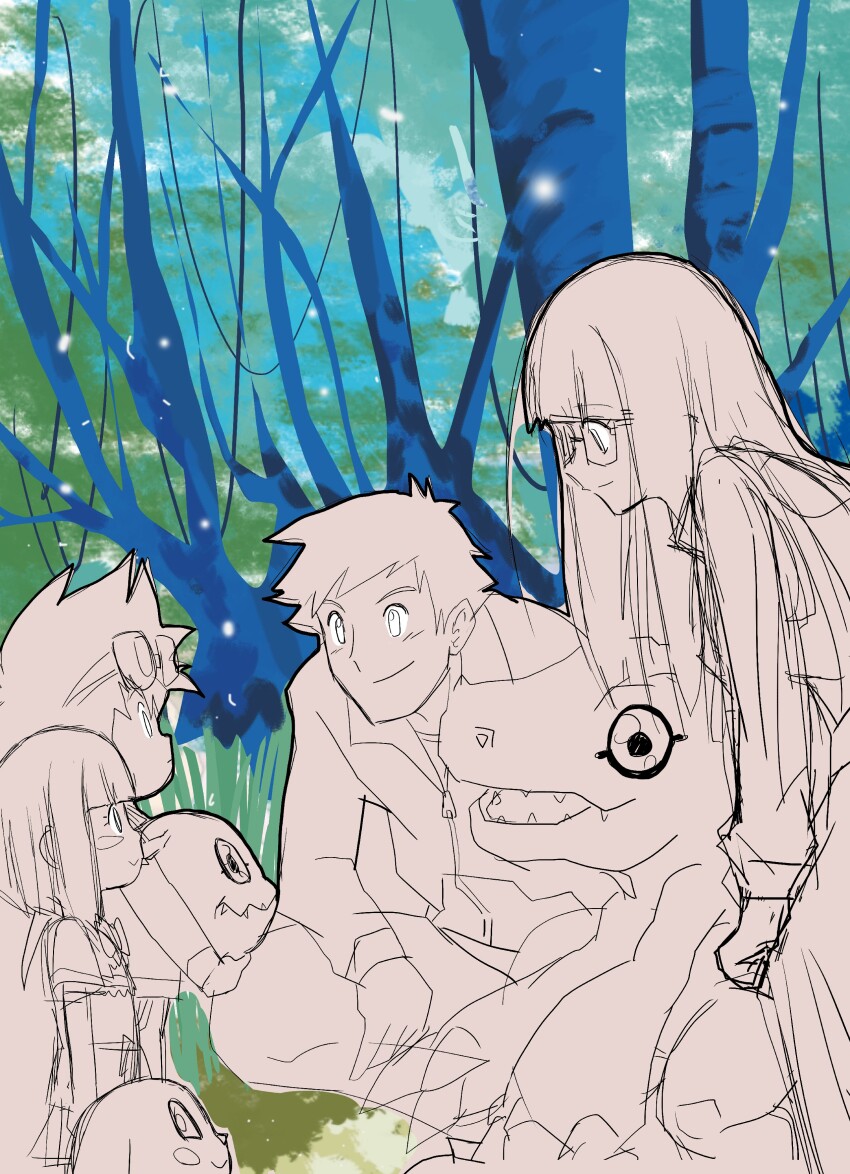 absurdres, aged_up, agumon, curry_lun, digimon, digimon_(creature), digimon_adventure_02, family