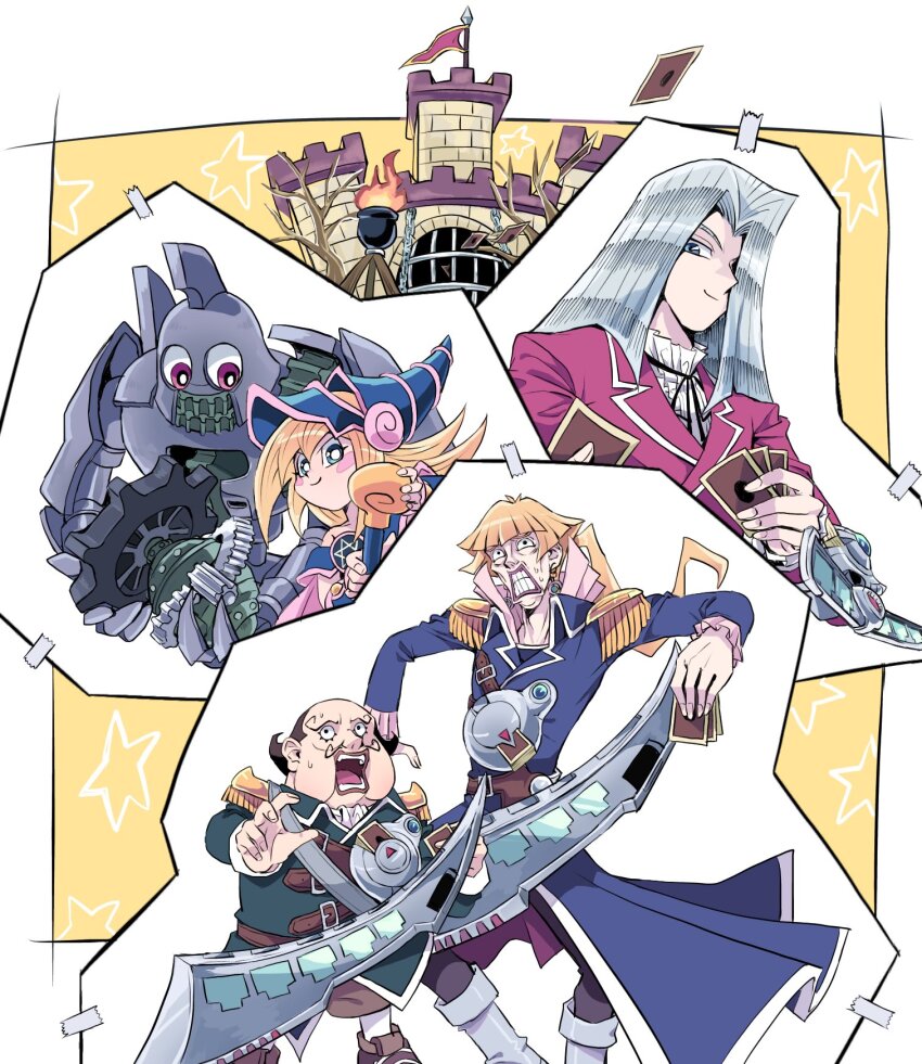 1girl, 3boys, ancient_gear_golem, armor, bald, blonde_hair, blue_eyes, blush_stickers, boots, castle, character_request, closed_eyes, crescent, crescent_earrings, cronos_de_medici, dark_magician_girl, double_chin, duel_academy_uniform_(yu-gi-oh!_gx), duel_disk, duel_monster, earrings, fingernails, fire, flag, frilled_shirt_collar, frills, gears, grey_hair, hair_over_one_eye, hat, helmet, high_collar, highres, holding, holding_staff, jewelry, long_hair, long_sleeves, multiple_boys, neck_ribbon, open_hand, open_mouth, panicking, pants, pegasus_j_crawford, ponytail, purple_lips, red_eyes, ribbon, robot, rokkoron, staff, star_(symbol), sweat, tape, toon_ancient_gear_golem, toon_dark_magician_girl, toon_kingdom, trading_card, upper_body, yu-gi-oh!, yu-gi-oh!_gx