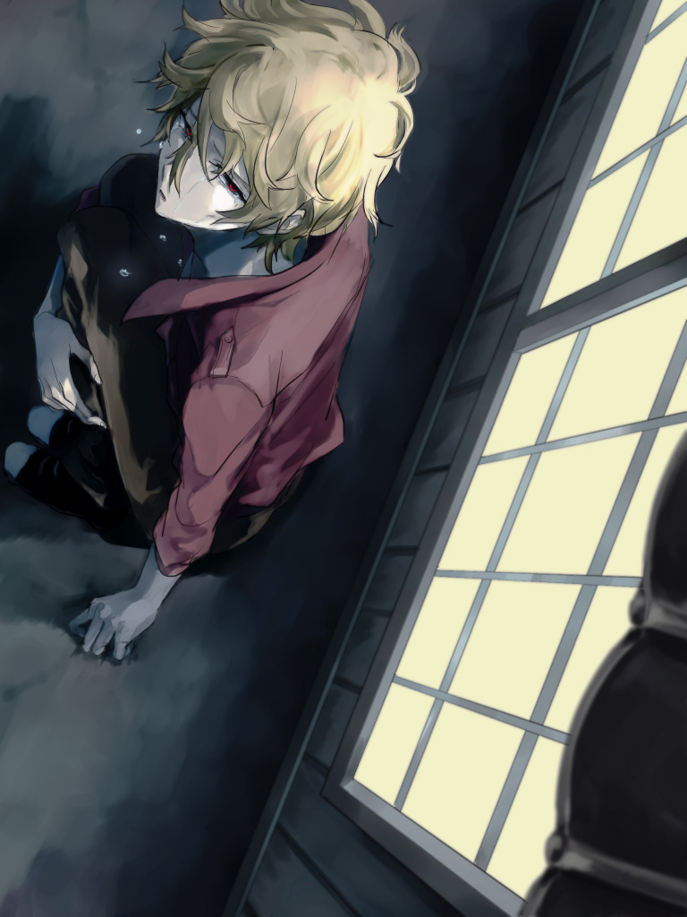 1boy, bad_id, bad_pixiv_id, blonde_hair, from_above, male_focus, mutou_tooru, red_eyes
