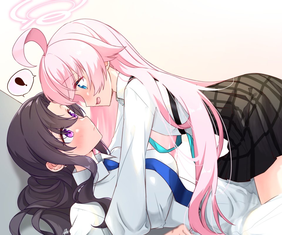 2girls, ahoge, black_hair, black_skirt, blue_archive, blue_eyes, blue_necktie, breasts, closed_mouth, collared_shirt, eye_contact, female_sensei_(blue_archive), from_side, halo, hoshino_(blue_archive), large_breasts, long_hair, long_sleeves, looking_at_another, lying, multiple_girls, necktie, on_back, open_mouth, pink_hair, pink_halo, purple_eyes, rarasa, sensei_(blue_archive), shirt, skirt, smile, speech_bubble, white_shirt, yuri