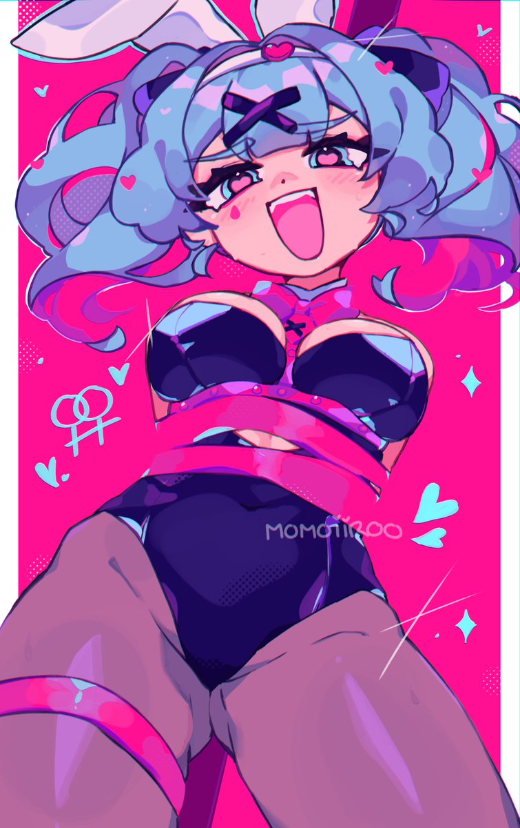 1girl, arms_behind_back, bdsm, bondage, bound, hair_ornament, harness, hatsune_miku, heart, heart-shaped_pupils, highres, momoiiroo, playboy_bunny, rabbit_hole_(vocaloid), solo, symbol-shaped_pupils, thigh_strap, vocaloid, x_hair_ornament