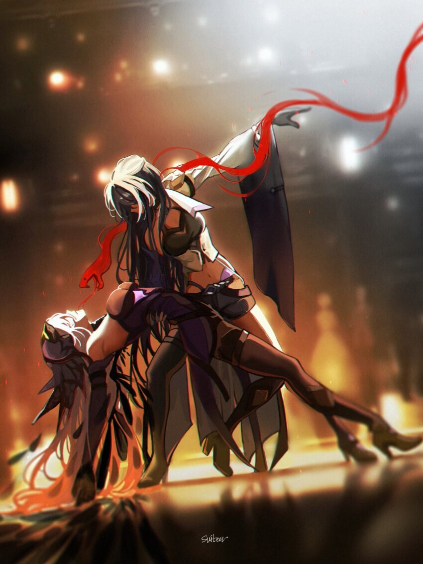 2girls, acheron_(honkai:_star_rail), armpits, bare_shoulders, black_gloves, black_swan_(honkai:_star_rail), boots, commentary, dancing, gloves, high_heel_boots, high_heels, highres, honkai:_star_rail, honkai_(series), long_hair, long_sleeves, midriff, moonya, multiple_girls, navel, pantyhose, single_sleeve, snake, stomach, veil, very_long_hair, yuri