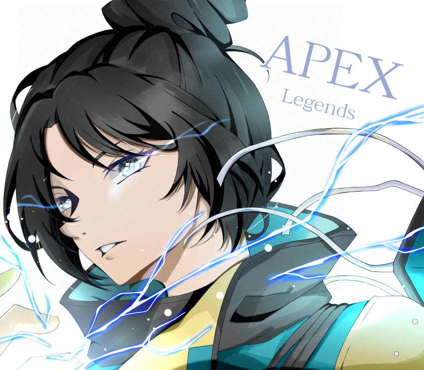 1girl, absurdres, animification, apex_legends, black_hair, blue_bodysuit, bodysuit, copyright_name