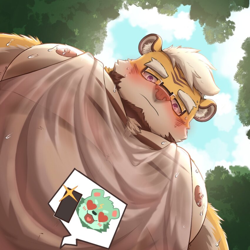 2boys, animal_ears, bara, beard, blush, facial_hair, foreshortening, from_below, full_beard, furry, furry_male, furry_with_furry, glasses, heart, heart-shaped_pupils, highres, large_pectorals, looking_at_viewer, looking_down, male_focus, meme, multiple_boys, muscular, muscular_male, nipple_slip, nipples, noichi_53, orange_fur, original, pectoral_cleavage, pectoral_focus, pectorals, photo-referenced, second-party_source, short_hair, shy, sidepec, solo_focus, sweaty_clothes, symbol-shaped_pupils, taking_picture, tank_top, thick_eyebrows, tiger_boy, tiger_ears, upper_body, white_fur, yaoi, pec_pov_(meme)