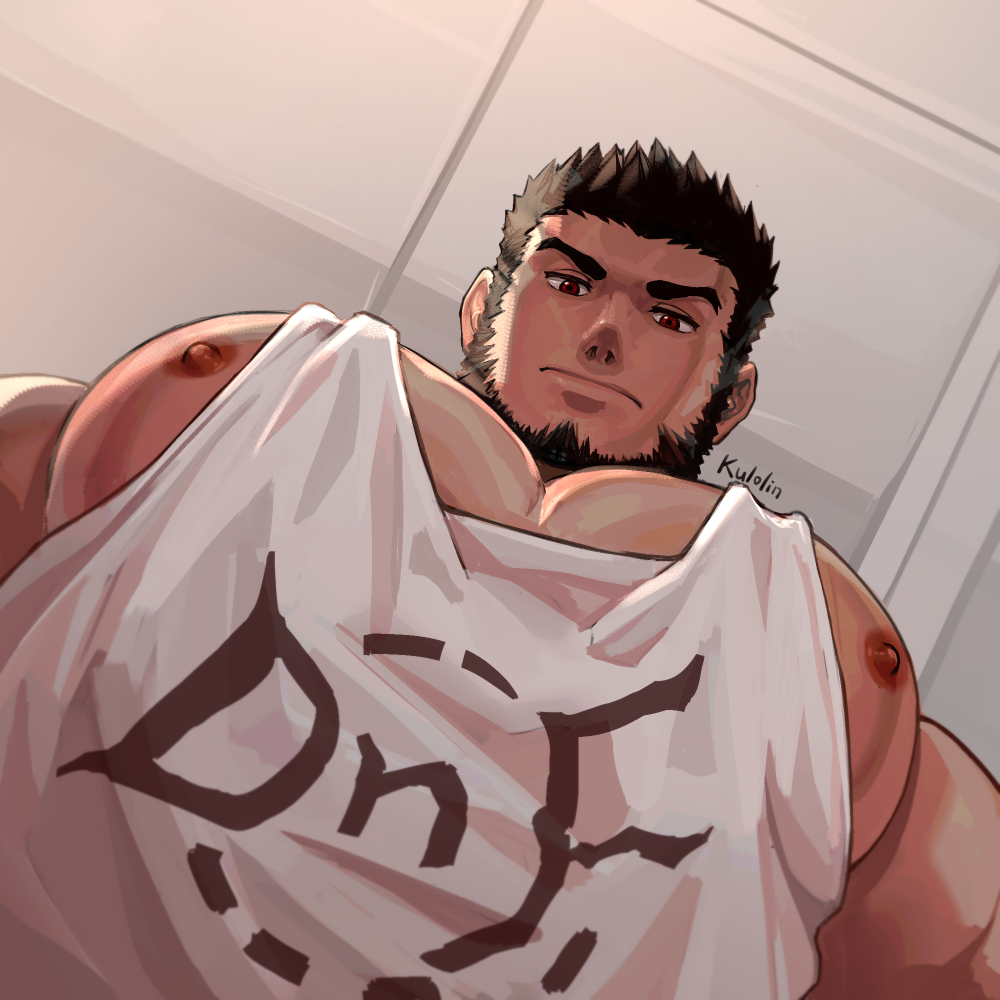 1boy, avenger_(dungeon_and_fighter), bara, beard, black_hair, clothes_writing, dungeon_and_fighter, facial_hair