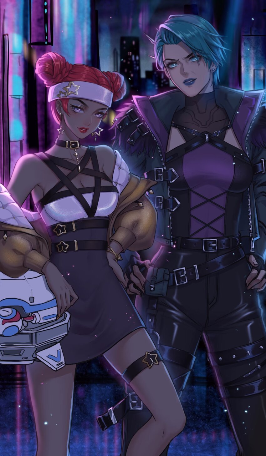 2girls, absurdres, adapted_costume, animification, apex_legends, belt, black_belt, black_collar