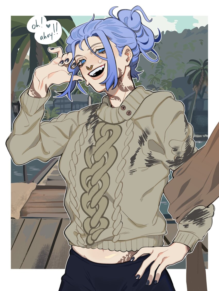 1girl, absurdres, black_nails, black_pants, blue_eyes, blue_hair, boardwalk, brooke_(eldritchfather)