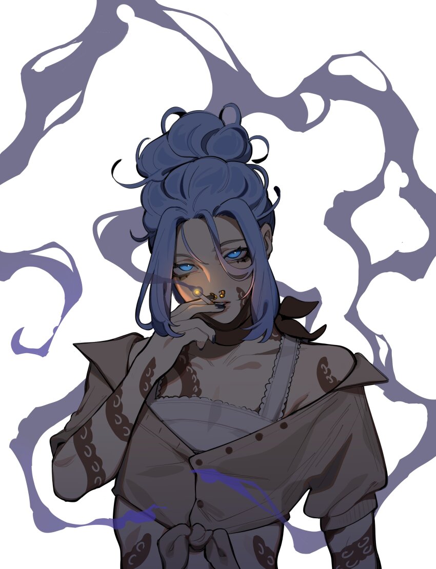 1girl, absurdres, blue_eyes, blue_hair, blue_nails, bright_pupils, brooke_(eldritchfather), brown_cardigan