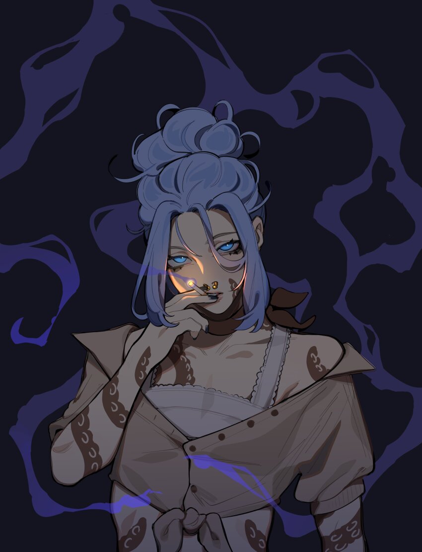 1girl, absurdres, black_background, blue_eyes, blue_hair, blue_nails, bright_pupils, brooke_(eldritchfather), brown_cardigan, cardigan, cigarette, colored_smoke, face_piercing, full-body_tattoo, hair_pulled_back, hand_up, highres, holding, holding_cigarette, looking_ahead, looking_at_viewer, midriff, nose_piercing, nose_ring, original, piercing, porqueloin, ring_piercing, shirt, simple_background, smoke, smoke_trail, smoking, solo, tattoo, upper_body, white_pupils, white_shirt