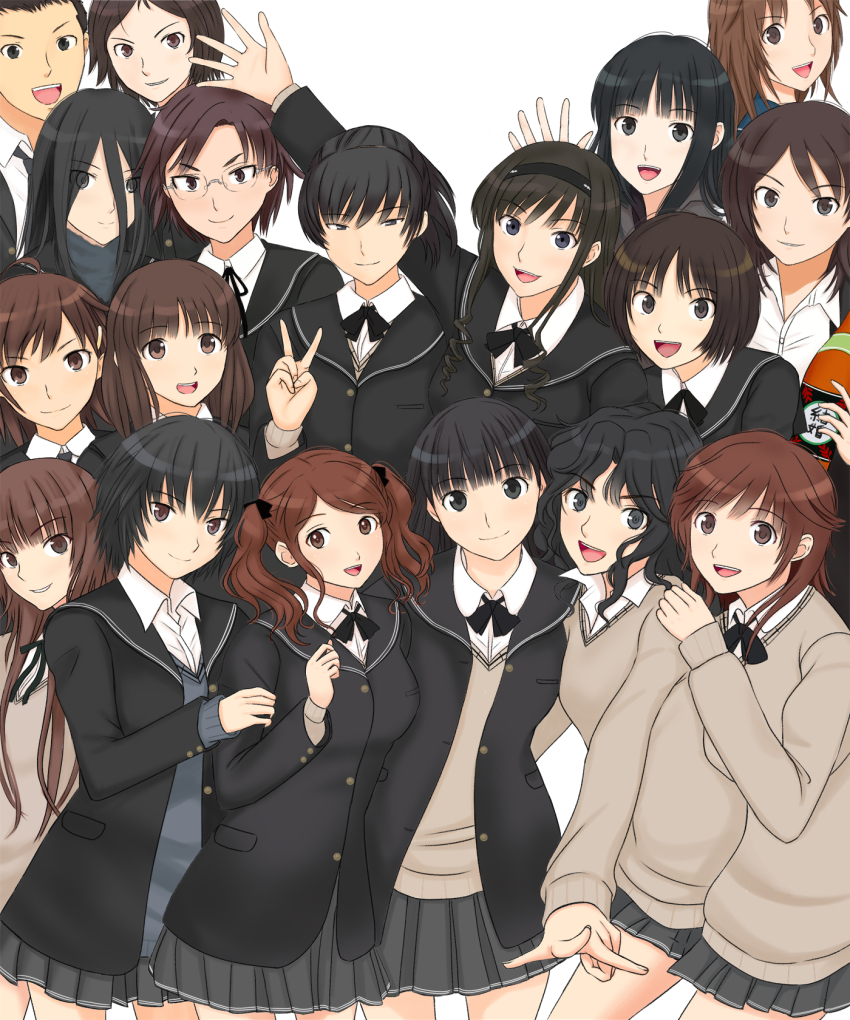 1boy, 6+girls, amagami, ayatsuji_tsukasa, ayatsuji_yukari, black_bow, black_bowtie, black_eyes