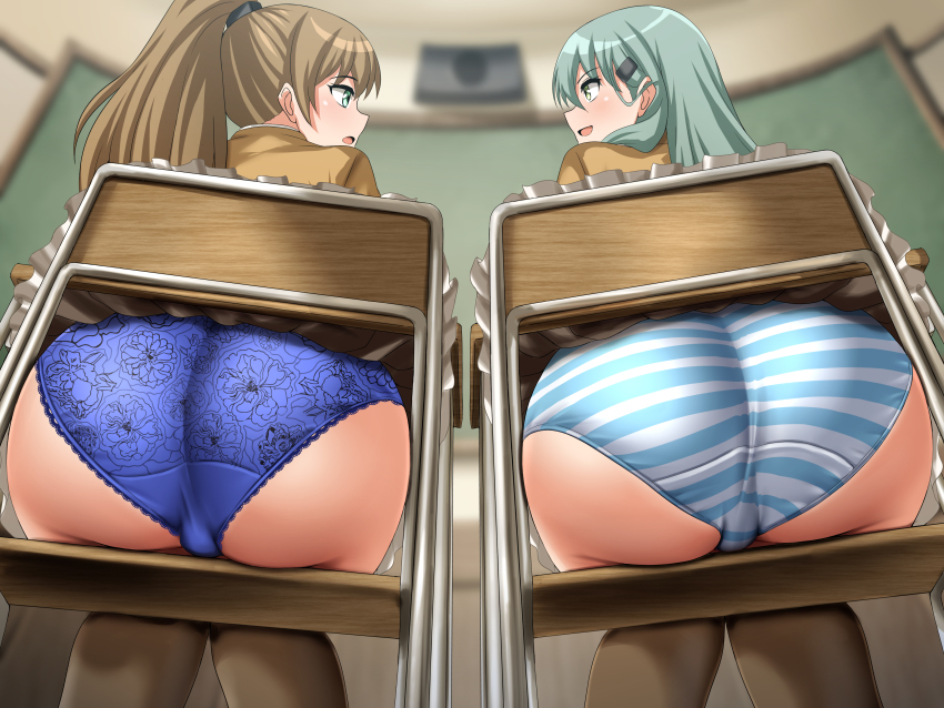 2girls, absurdres, ass, blue_panties, brown_hair, brown_skirt, brown_thighhighs, chair, classroom, floral_print, frilled_skirt, frills, from_behind, green_eyes, green_hair, hair_ornament, hairclip, highres, indoors, kantai_collection, kumano_(kancolle), kumano_kai_ni_(kancolle), long_hair, miniskirt, multiple_girls, panties, ponytail, school_chair, school_uniform, sitting, skirt, striped_clothes, striped_panties, suzuya_(kancolle), suzuya_kai_ni_(kancolle), thighhighs, underwear, variant_set, zanntetu