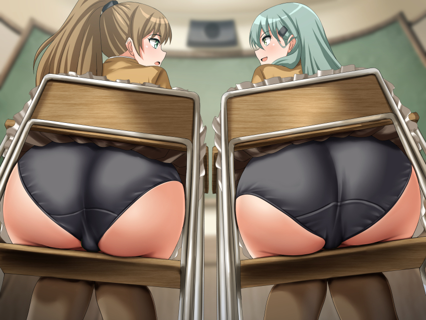 2girls, absurdres, ass, black_panties, brown_hair, brown_skirt, brown_thighhighs, chair