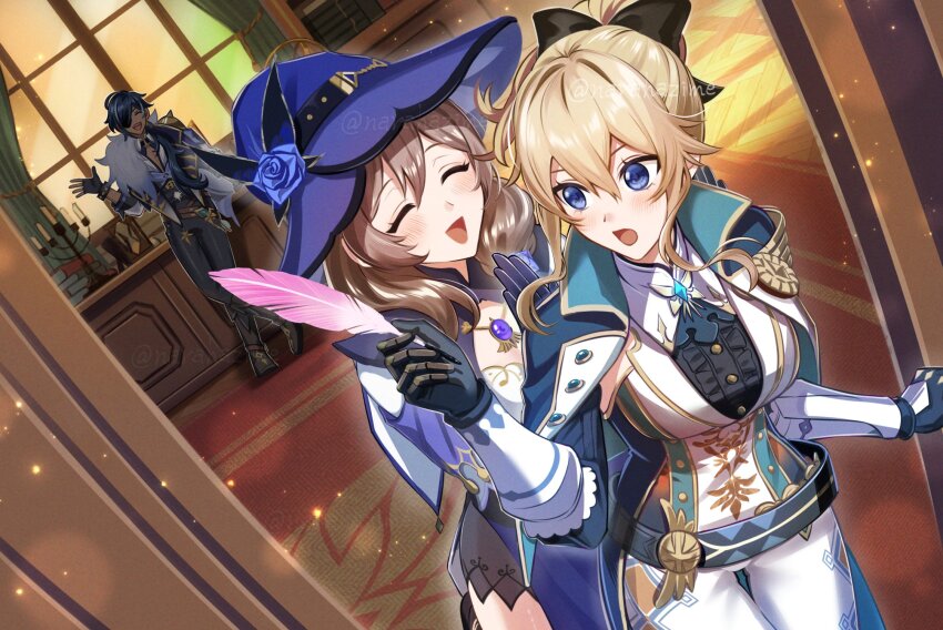 1boy, 2girls, black_bow, black_pants, black_shirt, blonde_hair, blue_eyes, blush