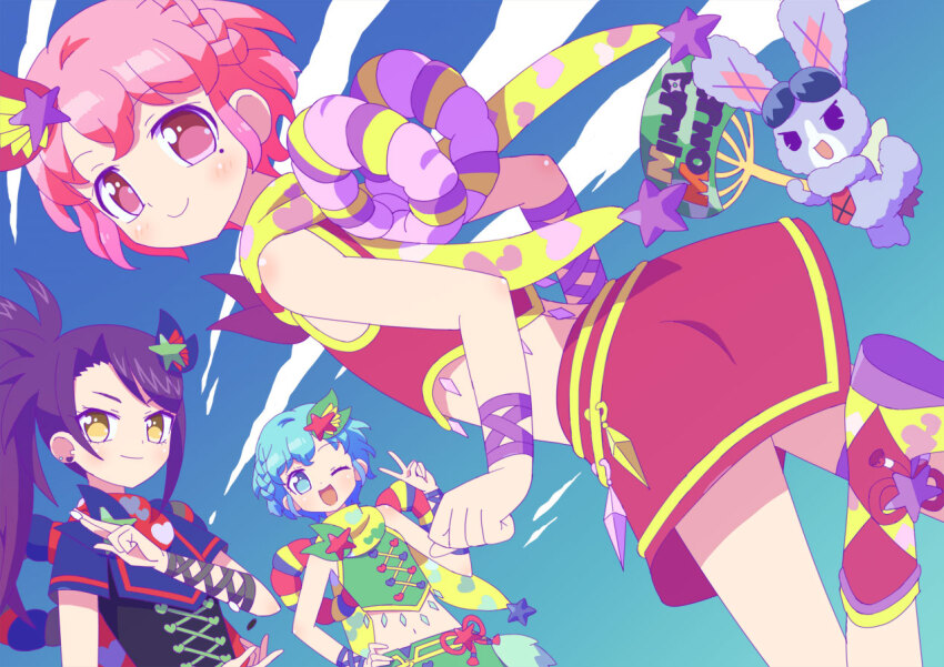 1boy, 1girl, 2girls, bare_shoulders, black_shirt, blue_eyes, blue_hair, blue_sky