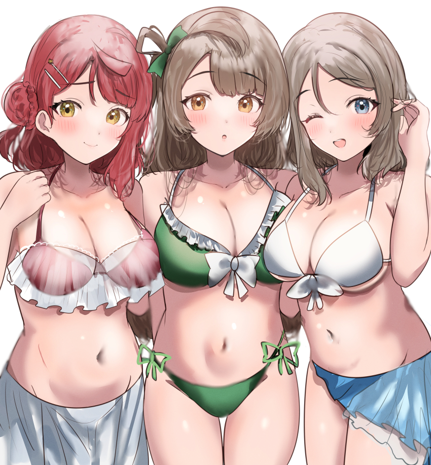 3girls, :o, ;d, absurdres, adjusting_hair, asymmetrical_bangs, bikini, blue_eyes