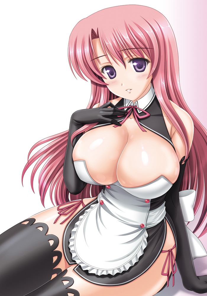 1girl, arm_support, black_thighhighs, blush, breasts, cleavage, dream_c_club, dream_c_club_(series)