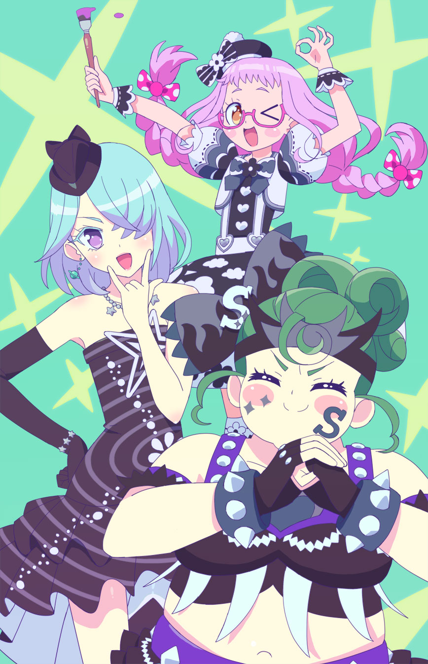 >_o, 3girls, :d, \m/, arms_up, bare_shoulders, beret, black_dress