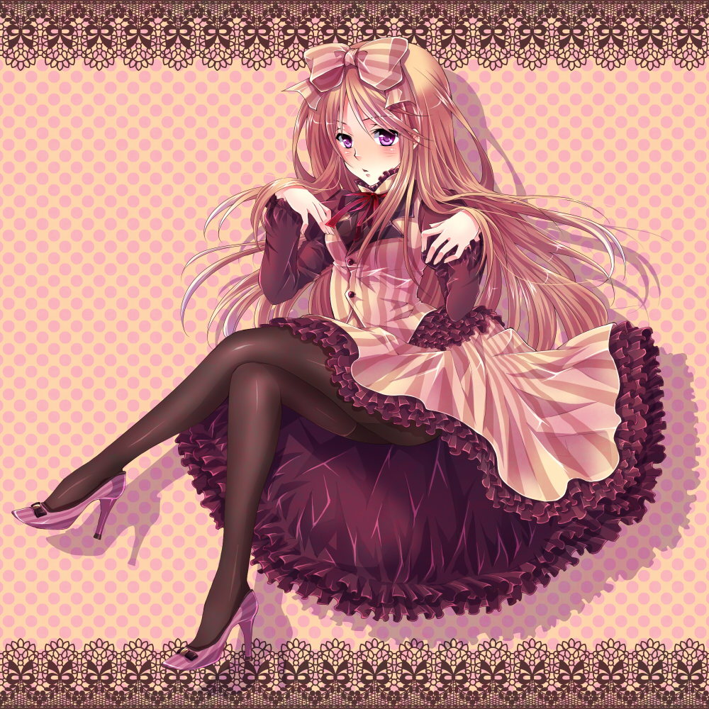 1girl, axis_powers_hetalia, bad_id, bad_pixiv_id, belarus_(hetalia), black_pantyhose, blush, bow, brown_hair, crossed_legs, dress, female_focus, full_body, hair_bow, high_heels, legs, long_hair, pantyhose, purple_eyes, shoes, siempre, sitting, solo, very_long_hair