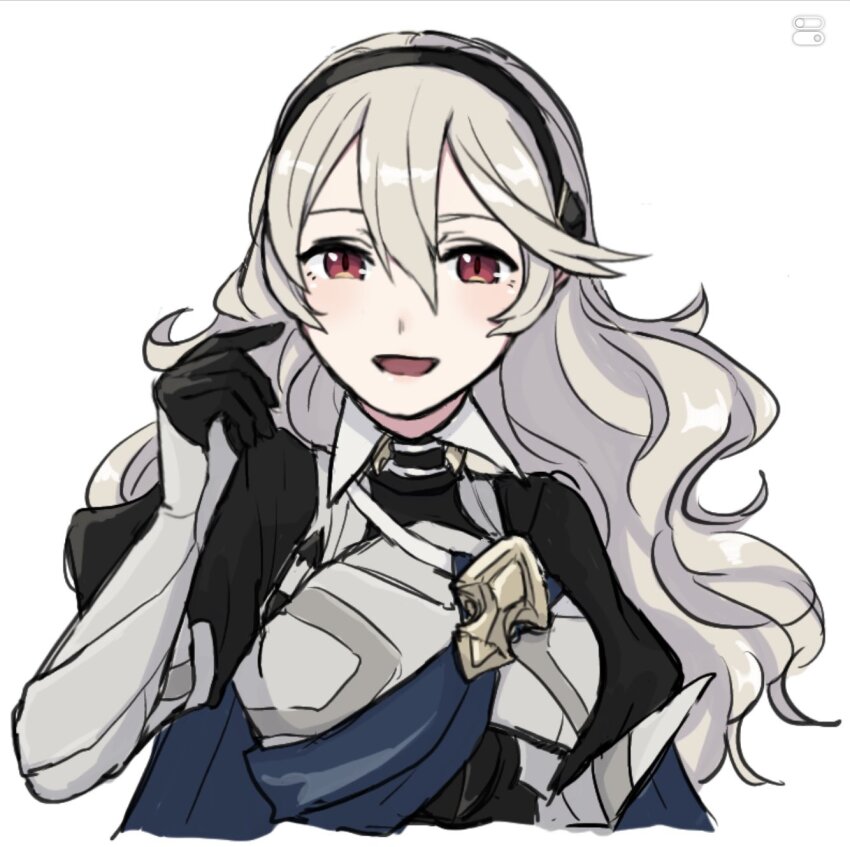 1girl, black_hairband, blue_cape, cape, female_corrin_(fire_emblem), fire_emblem, fire_emblem_fates, hair_between_eyes, hairband, highres, long_hair, nintendo, open_mouth, pointy_ears, red_eyes, solo, white_hair, yuki12046