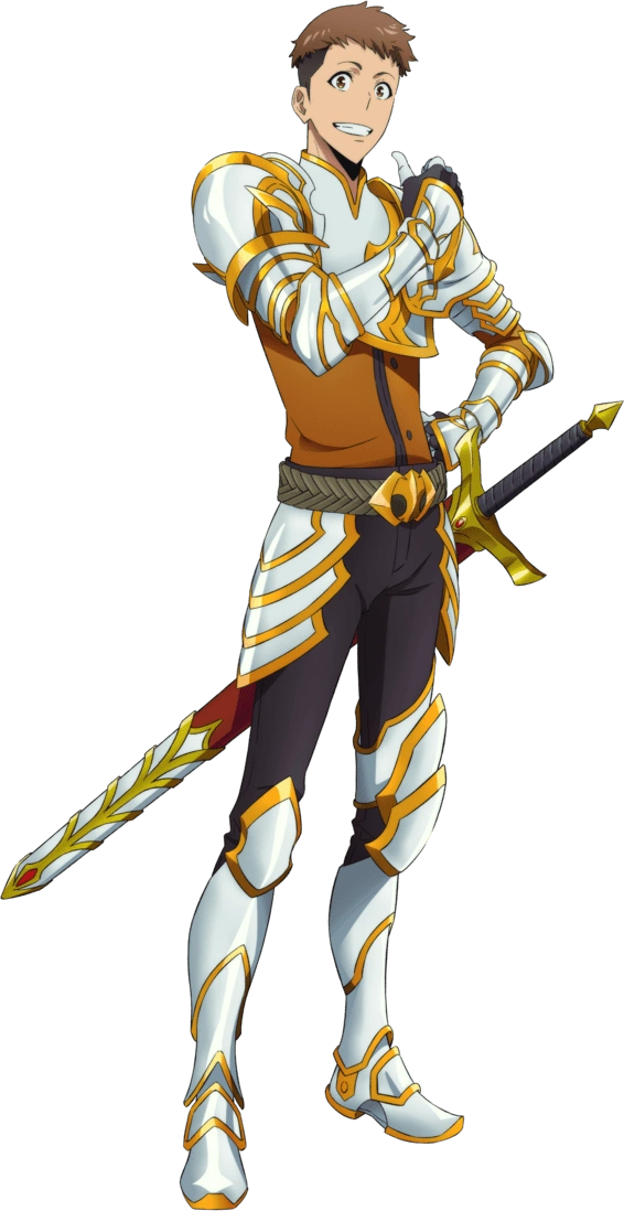 1boy, armor, black_pants, brown_eyes, brown_hair, closed_mouth, hand_up, light_brown_hair