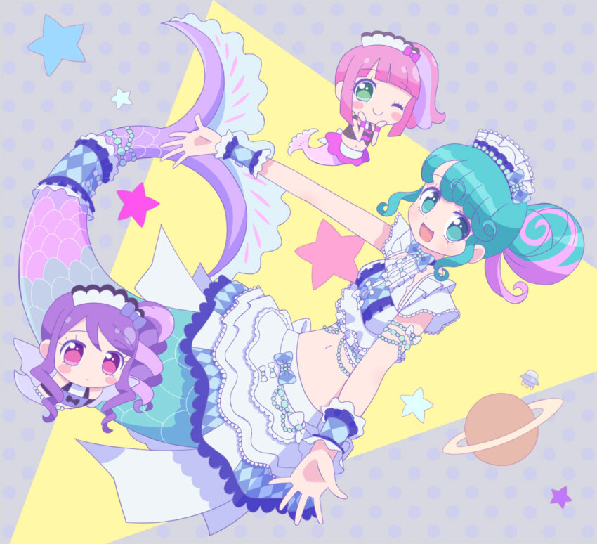 3girls, :d, blue_eyes, blue_hair, chibi, commentary_request, crop_top, frilled_skirt, frills, green_eyes, grey_background, hair_bun, hands_on_own_face, hands_up, junon_(pripara), kanon_(pripara), ku_(residual666), long_hair, looking_at_viewer, maid, maid_headdress, mermaid, mini_person, minigirl, monster_girl, multicolored_hair, multiple_girls, navel, one_eye_closed, open_mouth, outstretched_arms, pink_hair, pinon_(pripara), polka_dot, polka_dot_background, pretty_series, pripara, purple_eyes, purple_hair, saturn_(planet), side_ponytail, sidelocks, single_side_bun, skirt, smile, star_(symbol), streaked_hair, summer_maid_coord, triangle, unconventional_maid, white_skirt, wrist_cuffs