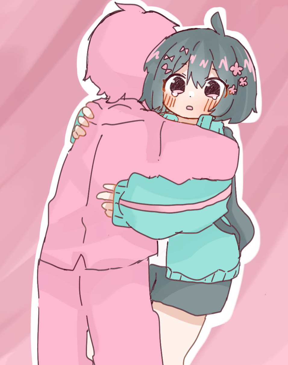 1boy, 1girl, :o, ahoge, aqua_jacket, backpack, bag, black_bag, black_hair, black_shorts, blush, bow, chibi, faceless, faceless_male, flower, futon_(o00_ux), hair_bow, hair_flower, hair_ornament, hairpin, highres, hug, jacket, kurari-chan_(iyowa), kyu-kurarin_(cevio), multiple_hairpins, open_clothes, open_jacket, open_mouth, outline, pink_background, pink_eyes, pink_flower, pink_trim, shirt, short_hair, shorts, simple_background, tears, white_outline, white_shirt
