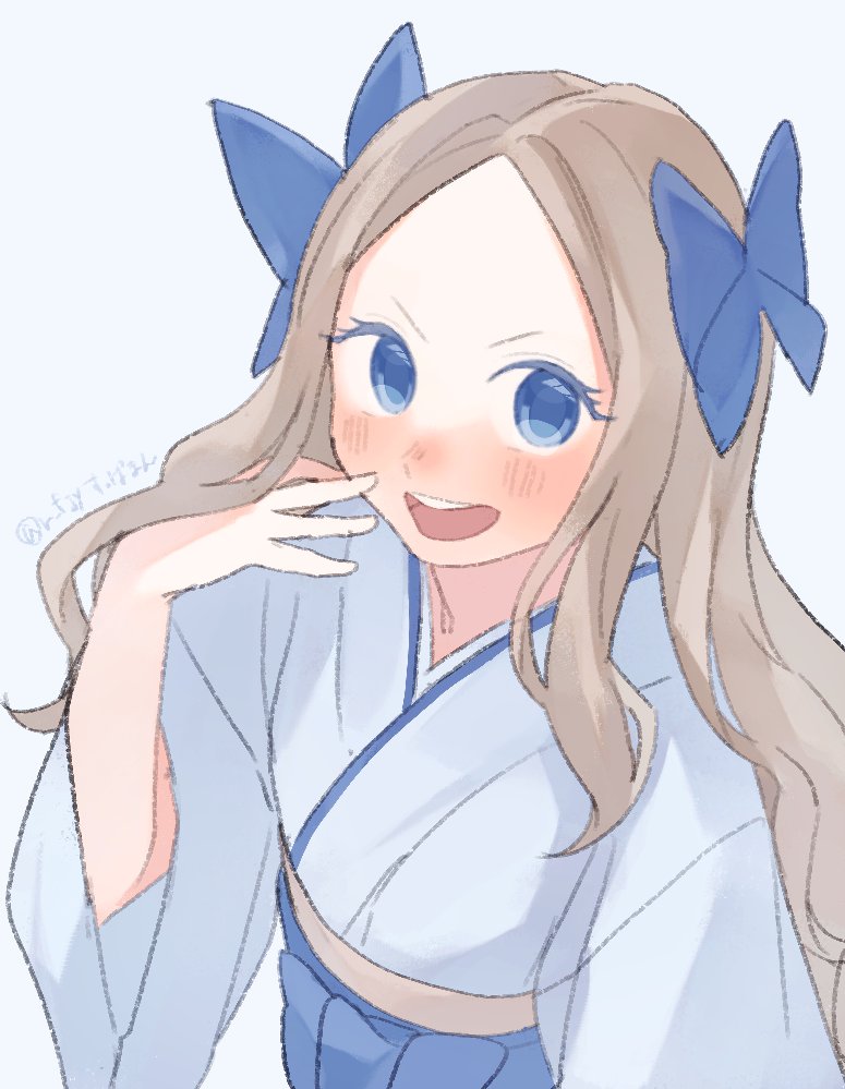 1girl, asakaze_(kancolle), blue_bow, blue_eyes, blue_hakama, blue_kimono, bow, brown_hair