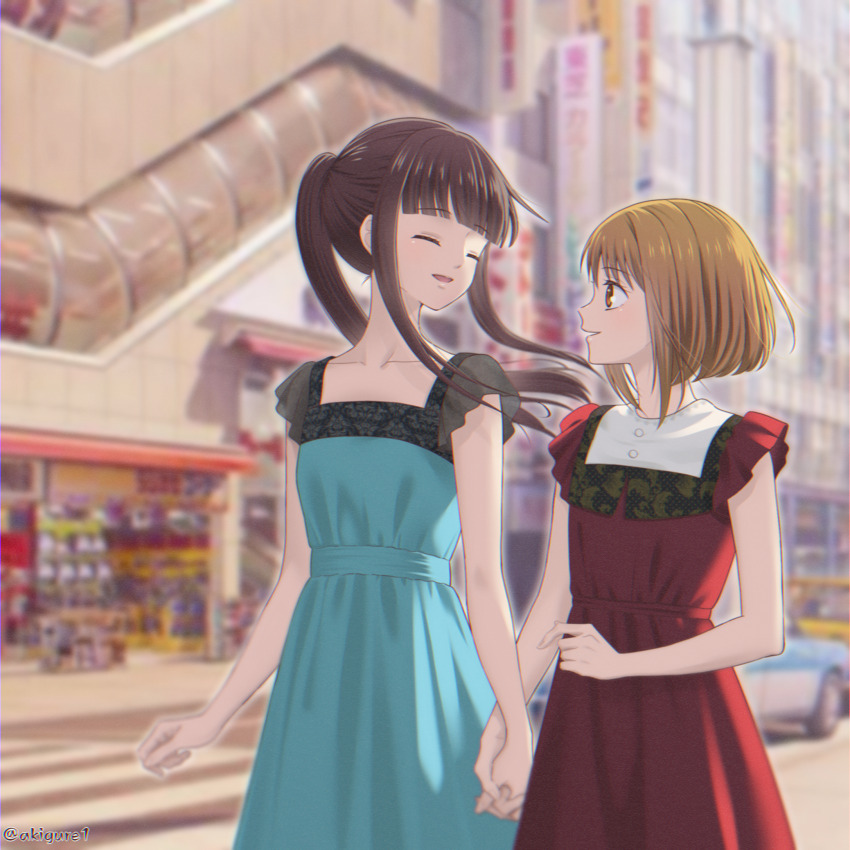 2girls, akigure1, blonde_hair, blue_dress, blurry, blurry_background, brown_hair, closed_eyes