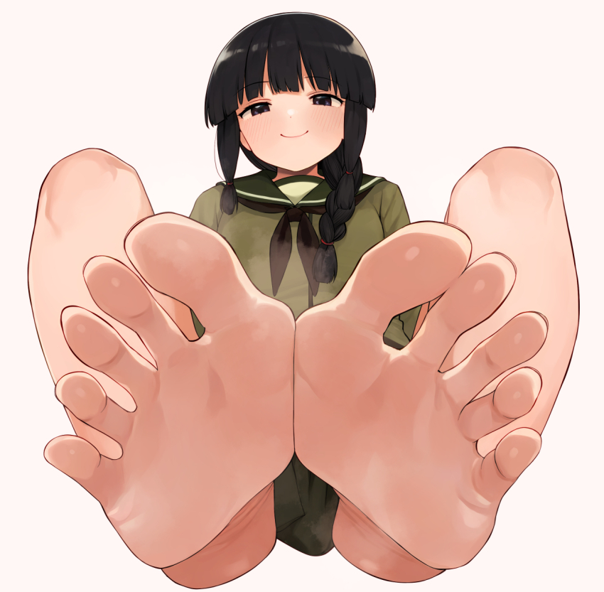 1girl, barefoot, black_eyes, black_hair, black_neckerchief, blunt_bangs, braid, feet, foot_focus, foreshortening, green_sailor_collar, green_serafuku, green_shirt, green_skirt, hair_over_shoulder, hair_ribbon, highres, kantai_collection, kitakami_(kancolle), long_hair, neckerchief, ribbon, sailor_collar, sailor_shirt, sawamura_aoi, school_uniform, serafuku, shirt, simple_background, single_braid, skirt, soles, solo, toes, tress_ribbon, white_background