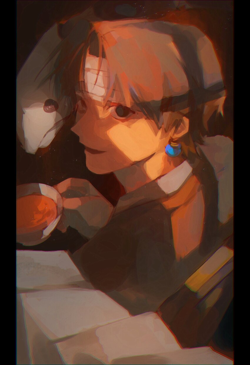 1boy, absurdres, bandaged_head, bandages, black_eyes, black_hair, chrollo_lucilfer, cup