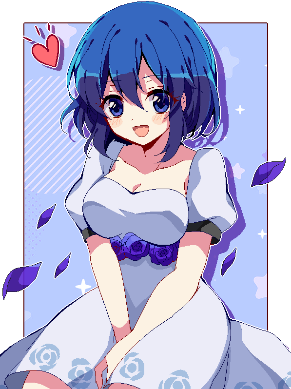 1girl, between_legs, blue_background, blue_dress, blue_eyes, blue_feathers, blue_hair, blue_petals, bluestar_iz, blush_stickers, border, breasts, cleavage, collarbone, dress, feathers, floral_print, hand_between_legs, hashtag-only_commentary, heart, hinata_(yanderella), jaggy_lines, large_breasts, looking_at_viewer, open_mouth, petals, puffy_short_sleeves, puffy_sleeves, short_hair, short_sleeves, sidelocks, smile, solo, sparkle, star_(symbol), white_border, yanderella