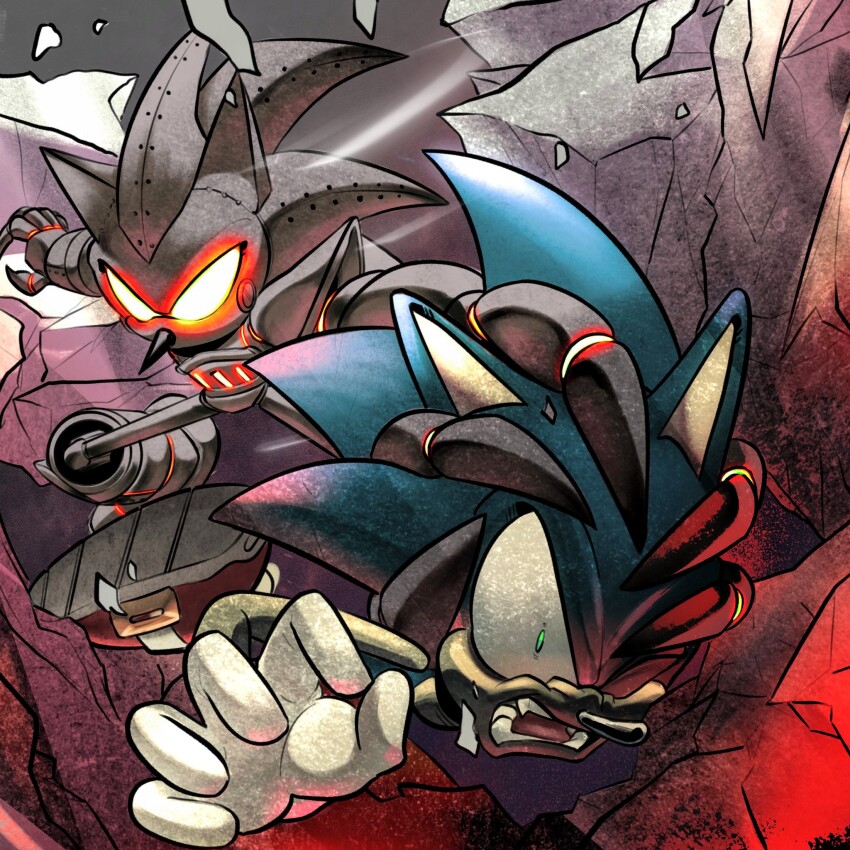 2boys, attack, claws, destruction, furnace_(sonic.exe), gloves, green_eyes, highres