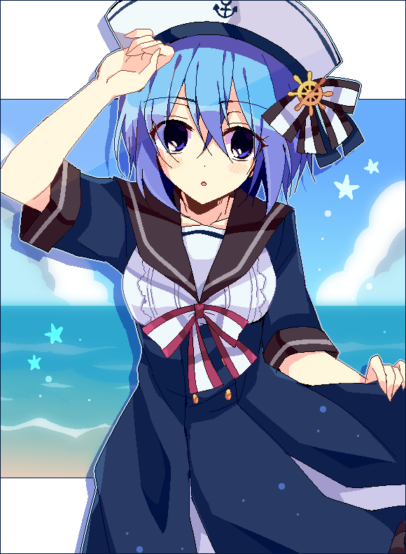 1girl, :o, alternate_costume, anchor_symbol, black_sailor_collar, blue_dress, blue_eyes, blue_sky