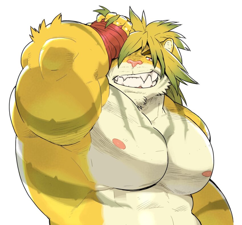 1boy, abs, animal_ears, bara, commentary_request, fangs, furry, furry_male