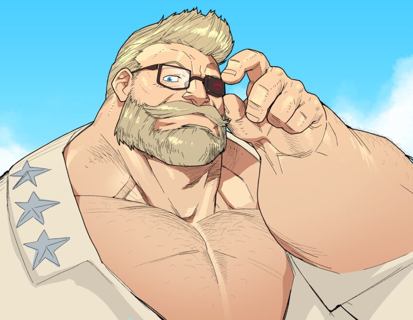1boy, adjusting_eyewear, arm_hair, bara, beard, blonde_facial_hair, blonde_hair, blue_eyes