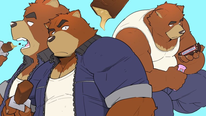 1boy, animal_ears, bara, bear_boy, bear_ears, belly, blue_background, blue_jacket