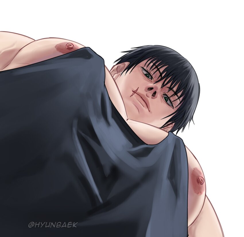 1boy, bara, black_eyes, black_hair, chavezpola8, from_below, fushiguro_toji, hair_between_eyes, highres, jujutsu_kaisen, large_pectorals, looking_at_viewer, male_focus, meme, muscular, muscular_male, nipple_slip, nipples, pectorals, scar, scar_on_face, scar_on_mouth, short_hair, simple_background, solo, twitter_username, white_background, pec_pov_(meme)