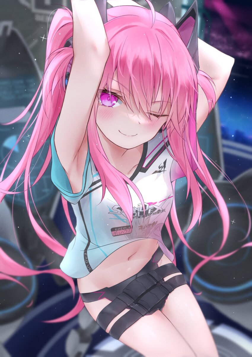 1girl, ahoge, armpits, arms_up, belt, bemani, blush, breasts, clothing_cutout, grace_(sound_voltex), grace_(suddendeath)_(sound_voltex), headphones, highres, hip_vent, kowaku, long_hair, navel, one_eye_closed, pink_hair, purple_eyes, shirt, short_sleeves, small_breasts, sound_voltex, stomach, t-shirt, thighs, twintails