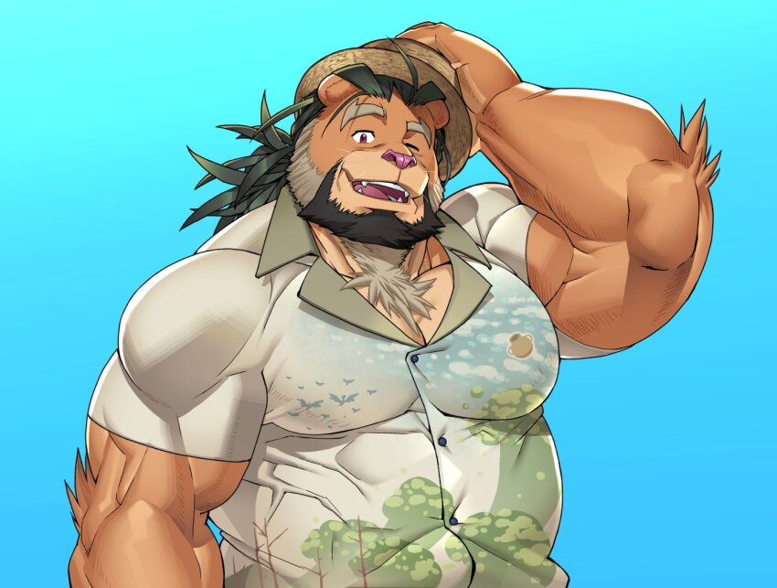 1boy, animal_ears, arsalan_(housamo), bara, beard, biceps, blue_background, chest_hair