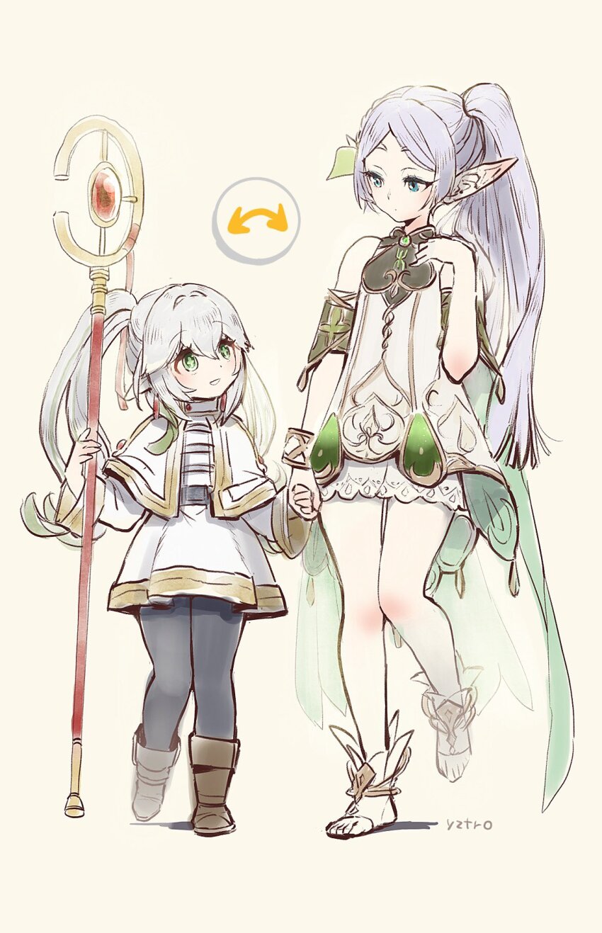 2girls, :d, artist_name, black_pantyhose, boots, brown_footwear, cape, capelet