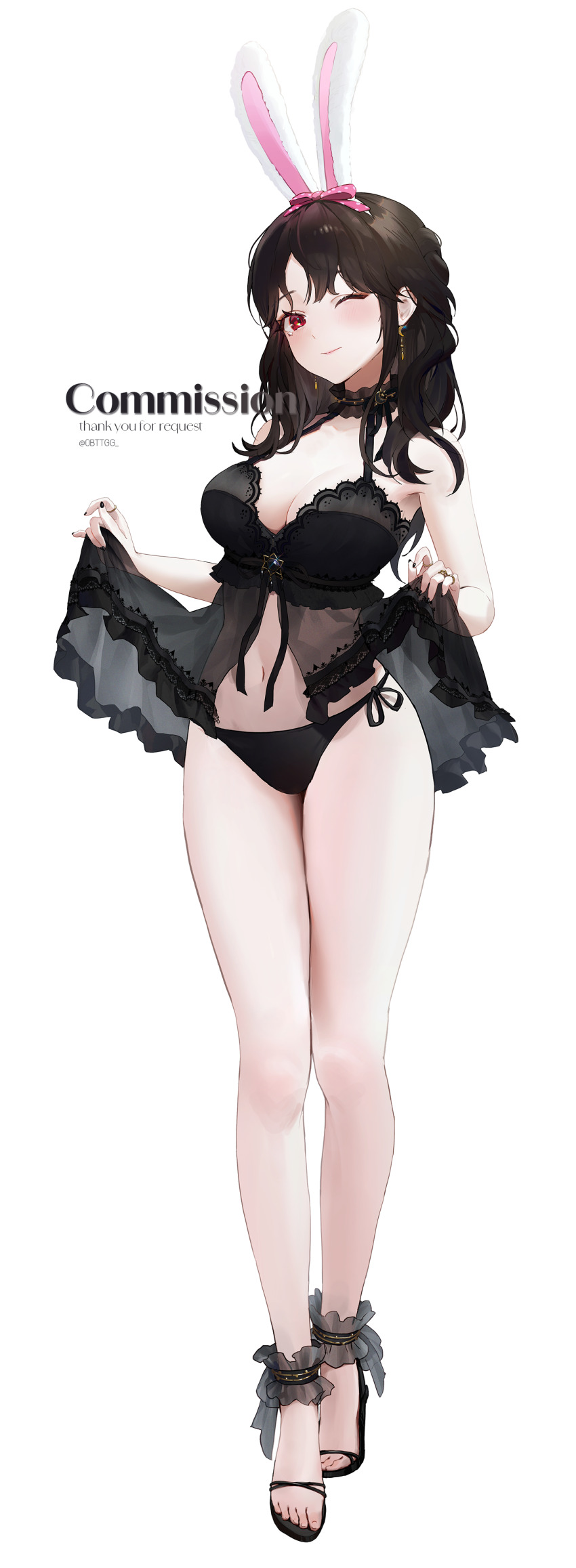 1girl, absurdres, animal_ears, babydoll, bare_arms, bare_legs, bare_shoulders, black_babydoll