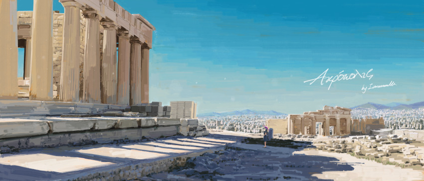 absurdres, arknights, astesia_(arknights), blue_dress, blue_hair, cityscape, day, dress, from_side, greece, greek_text, highres, immeasurable, long_hair, mountainous_horizon, outdoors, pillar, real_life, ruins, scenery, shadow, stone_pillar, temple, very_wide_shot