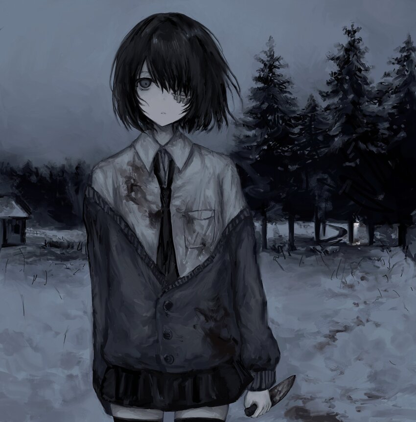 1girl, arms_at_sides, black_hair, black_necktie, black_skirt, black_thighhighs, blood, blood_on_clothes
