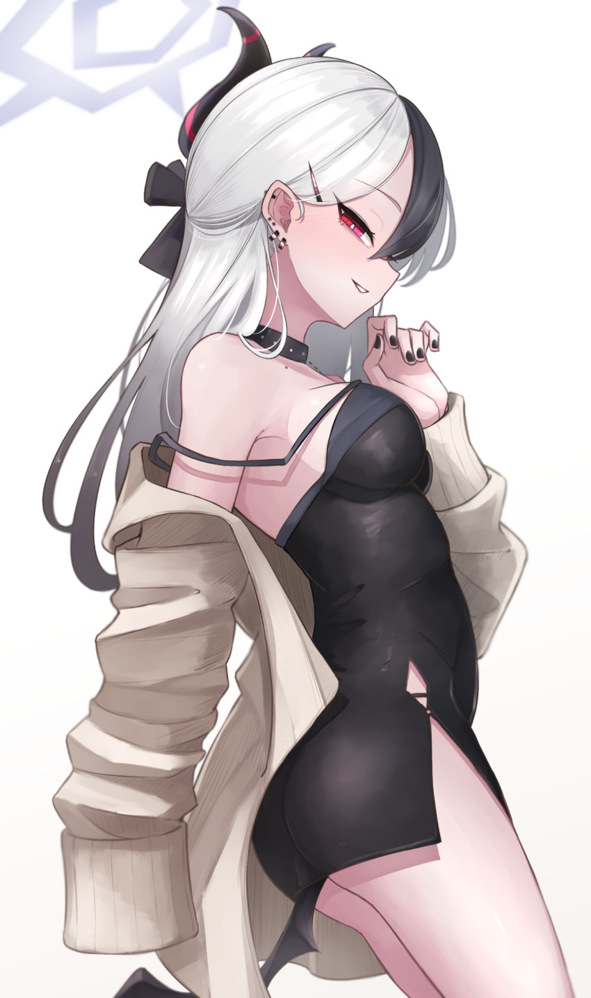 1girl, ass, black_choker, black_dress, black_hair, black_horns, black_wings, blue_archive