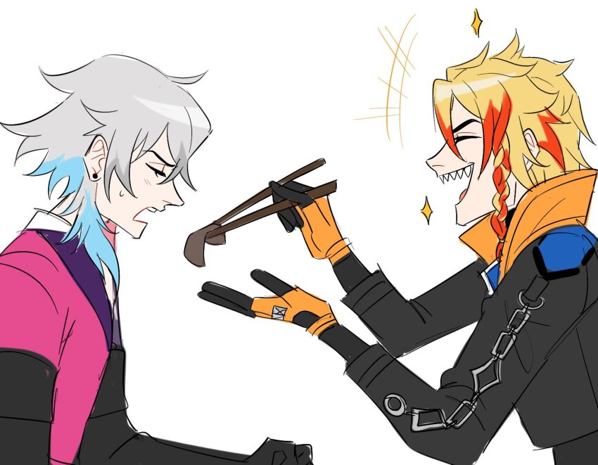2boys, axel_syrios, axel_syrios_(1st_costume), black_gloves, blonde_hair, blue_hair, braid, chopsticks, closed_eyes, coat, earrings, from_side, gavis_bettel, gavis_bettel_(1st_costume), gloves, grey_hair, hair_between_eyes, holding, holding_chopsticks, holostars, holostars_english, jacket, jewelry, laughing, light_blush, male_focus, multicolored_hair, multiple_boys, open_clothes, open_jacket, open_mouth, pink_hair, pokeparkfan, profile, red_hair, sharp_teeth, short_hair, side_braid, sketch, sparkle, stud_earrings, sweatdrop, teeth, two-tone_hair, virtual_youtuber, white_background