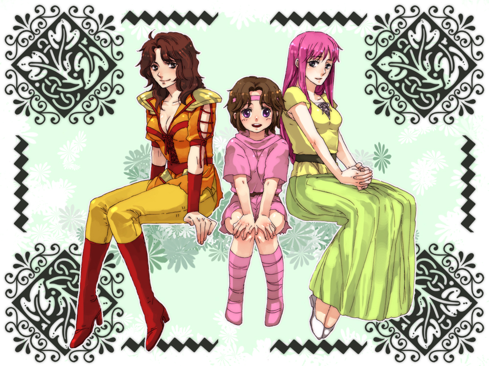 3girls, airy_(hokuto_no_ken), brown_eyes, brown_hair, dress, female_focus, green_eyes, hokuto_no_ken, lin_(hokuto_no_ken), mamiya_(hokuto_no_ken), multiple_girls, pants, pink_hair, purple_eyes, shoulder_pads, sitting, yoshi_susuki