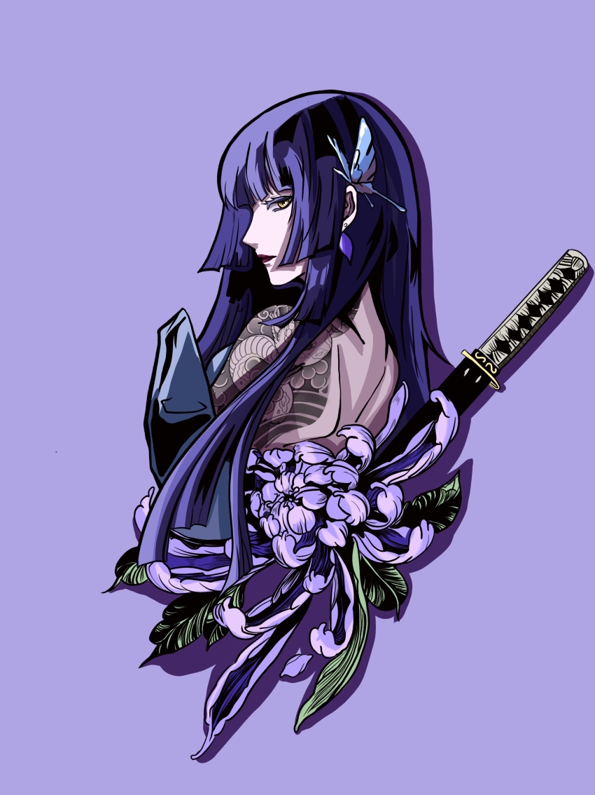 1girl, absurdres, bare_back, bare_shoulders, black_outline, blue_butterfly, blunt_ends, bug, butterfly, butterfly_on_ear, chinese_commentary, colored_eyelashes, commentary, cropped_torso, earrings, flower, flower_request, galong, highres, hilt, hime_cut, insect, jewelry, long_hair, looking_at_viewer, looking_back, median_furrow, outline, path_to_nowhere, profile, purple_background, purple_flower, purple_hair, red_lips, short_sword, shoulder_blades, shoulder_tattoo, simple_background, snake_tattoo, solo, straight_hair, sumire_(path_to_nowhere), sword, tantou, tattoo, upper_body, weapon, yellow_eyes