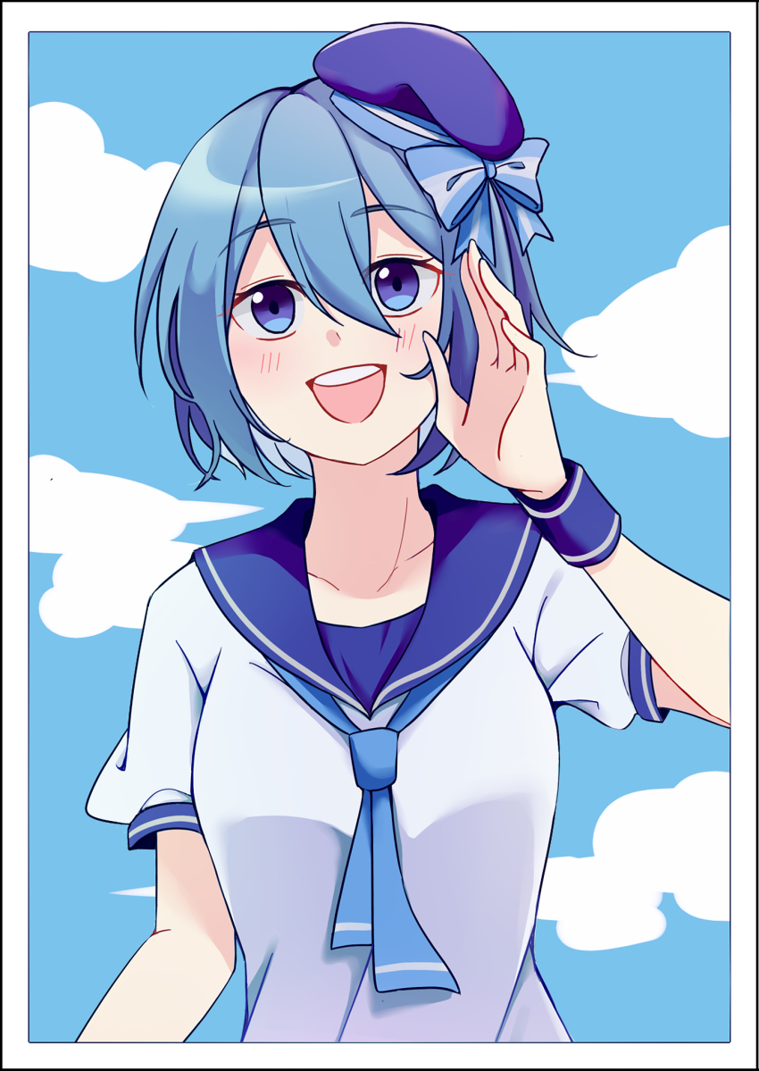 1girl, biyo, blue_bow, blue_eyes, blue_hair, blue_hat, blue_neckerchief, blue_sailor_collar