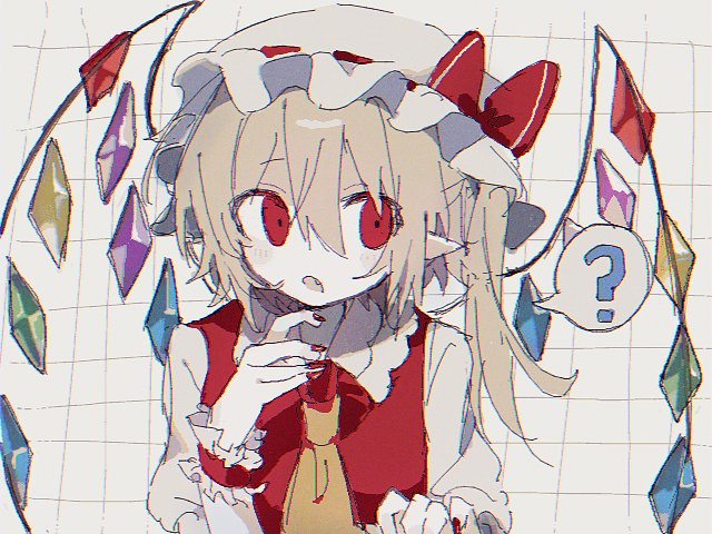 1girl, ?, ascot, blonde_hair, bow, crystal, fang, flandre_scarlet
