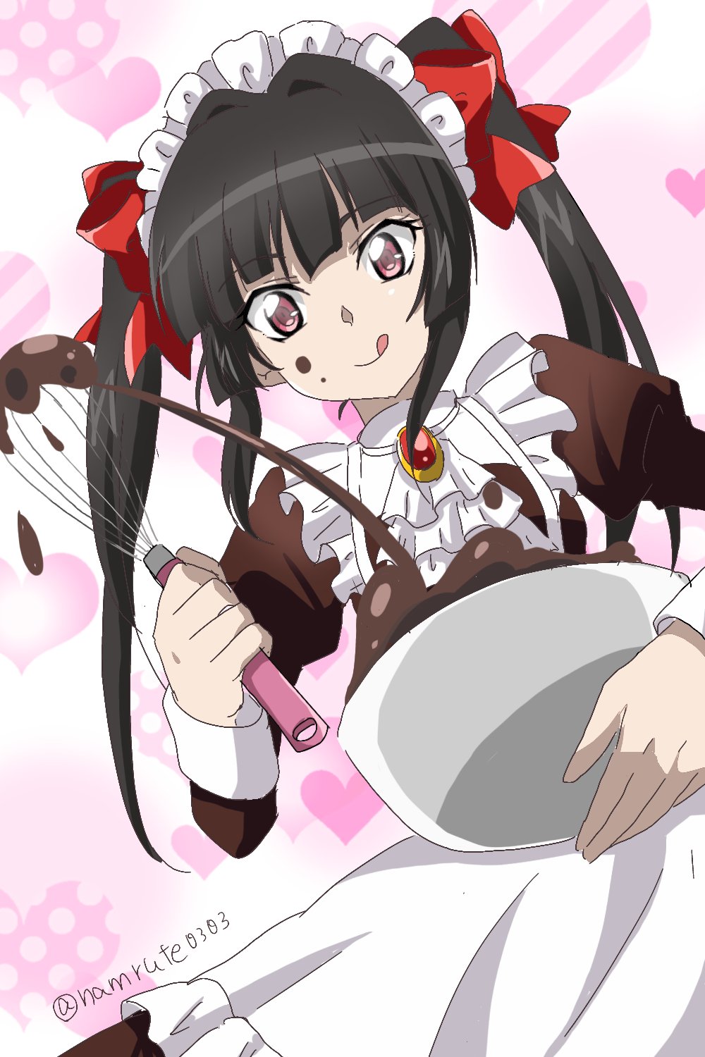 1girl, apron, black_dress, black_hair, bowl, chocolate, chocolate_on_face, cooking